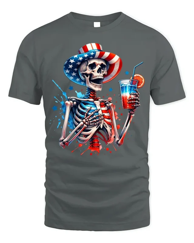 Patriotic Skeleton T-shirt with USA Drink Art - gray t-shirt on white background