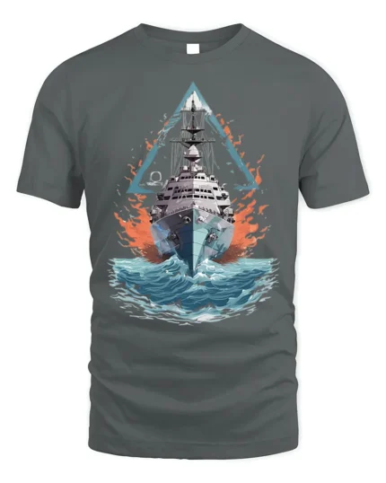 Navy Warship T-shirt with Ocean Battle Art - gray t-shirt on white background