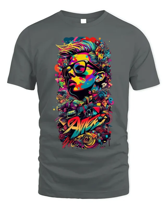 Colorful Street Art T-shirt with Urban Portrait - gray t-shirt on white background
