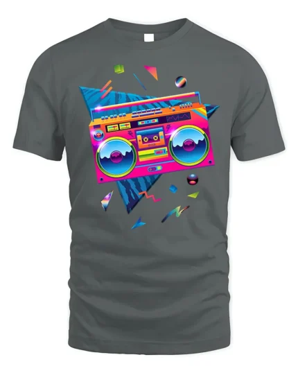 Retro Neon Boombox T-shirt with 80s Vibe Art - gray t-shirt on white background