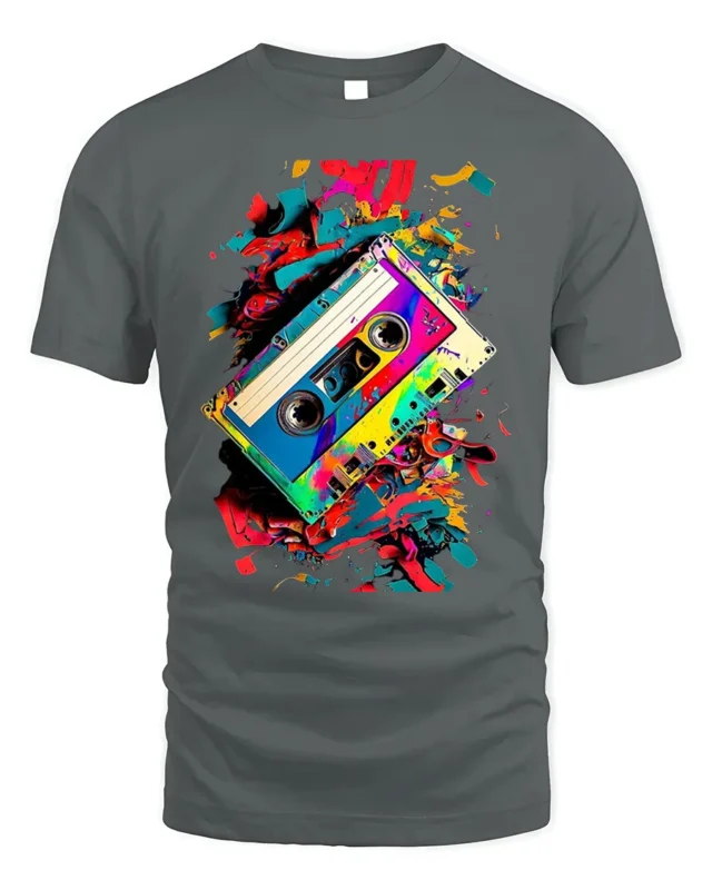 Retro Cassette Tape T-shirt with Color Splash Art - gray t-shirt on white background
