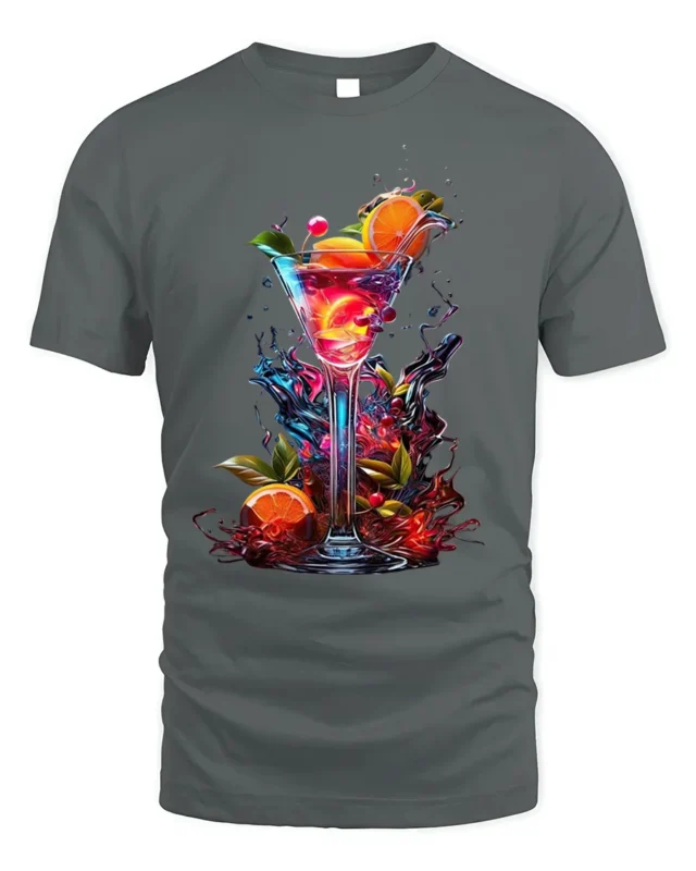Vibrant Cocktail T-shirt with Tropical Drink Art - gray t-shirt on white background