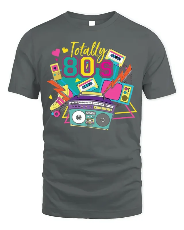 Totally 80s T-shirt with Retro Boombox Art - gray t-shirt on white background