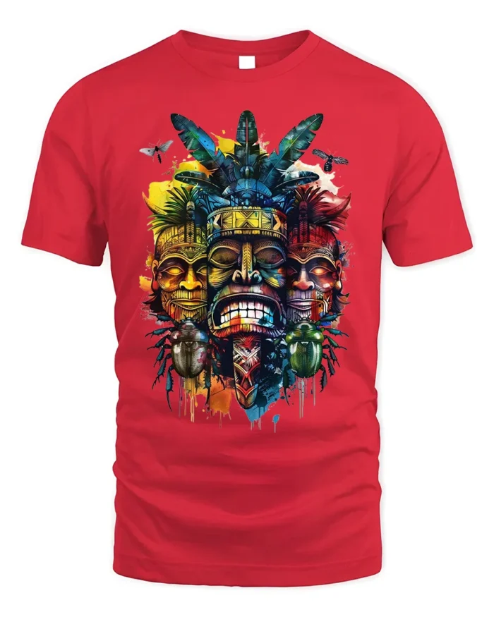 Tribal Mask T-shirt with Colorful Totem Art - red t-shirt on white background