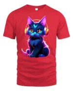 Neon Cat T-shirt with Headphones Graphic Art - red t-shirt on white background