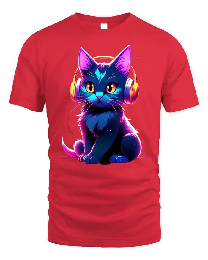 Neon Cat T-shirt with Headphones Graphic Art - red t-shirt on white background