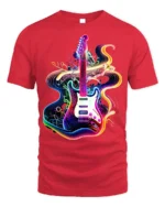 Neon Electric Guitar T-shirt with Vibe Swirl Art - red t-shirt on white background