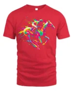 Colorful Horse Racing T-shirt with Neon Art - red t-shirt on white background