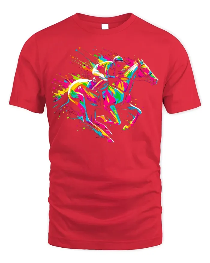 Colorful Horse Racing T-shirt with Neon Art - red t-shirt on white background