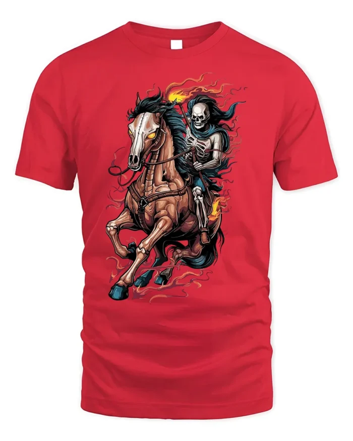 Flaming Skeleton Rider T-shirt with Dark Horse Art - red t-shirt on white background