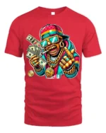 Cartoon Money Rapper T-shirt with Gold Bling Art - red t-shirt on white background
