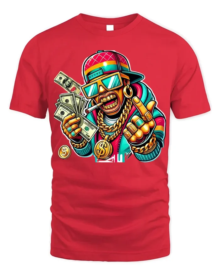 Cartoon Money Rapper T-shirt with Gold Bling Art - red t-shirt on white background