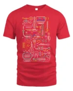 Neon Music Instrument T-shirt with Line Art Design - red t-shirt on white background