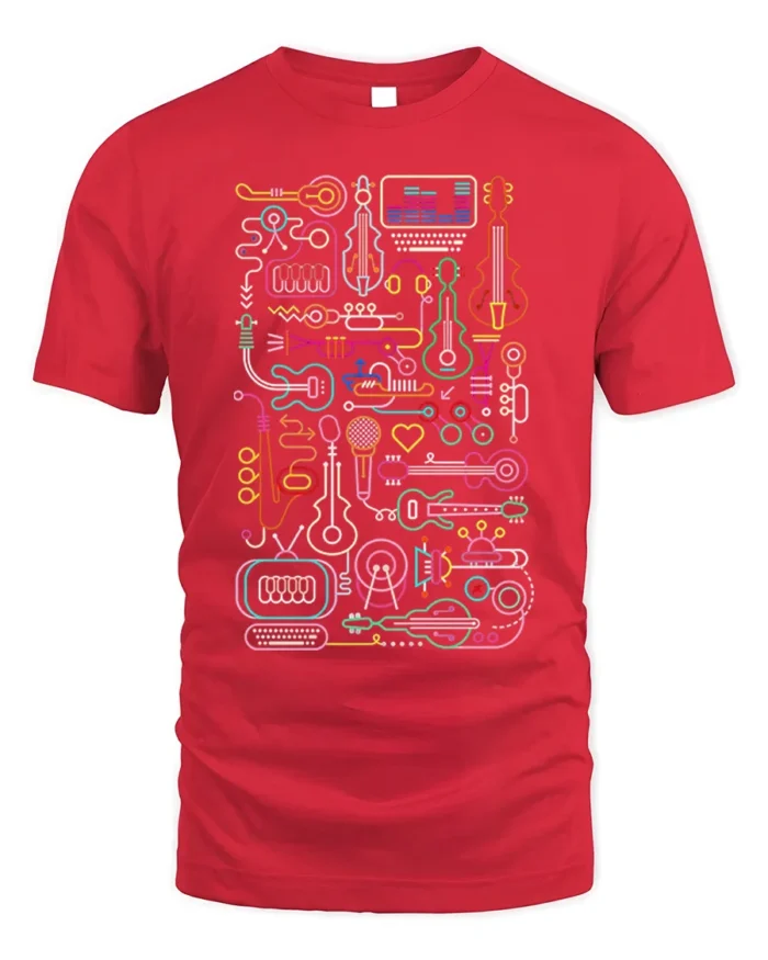 Neon Music Instrument T-shirt with Line Art Design - red t-shirt on white background