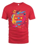 Colorful Cassette T-shirt with Music Note Splash - red t-shirt on white background