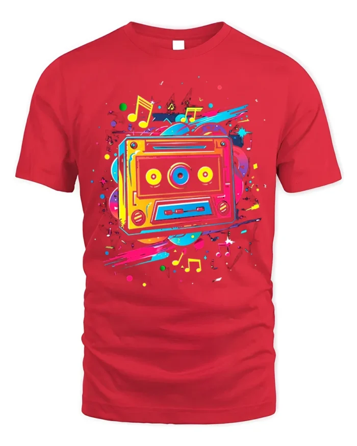 Colorful Cassette T-shirt with Music Note Splash - red t-shirt on white background