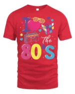 I Love the 80s T-shirt with Retro Icons Graphic - red t-shirt on white background