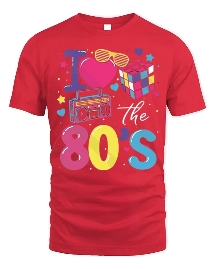 I Love the 80s T-shirt with Retro Icons Graphic - red t-shirt on white background