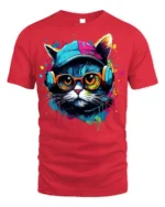 Cool Hip Hop Cat T-shirt with Headphones - red t-shirt on white background