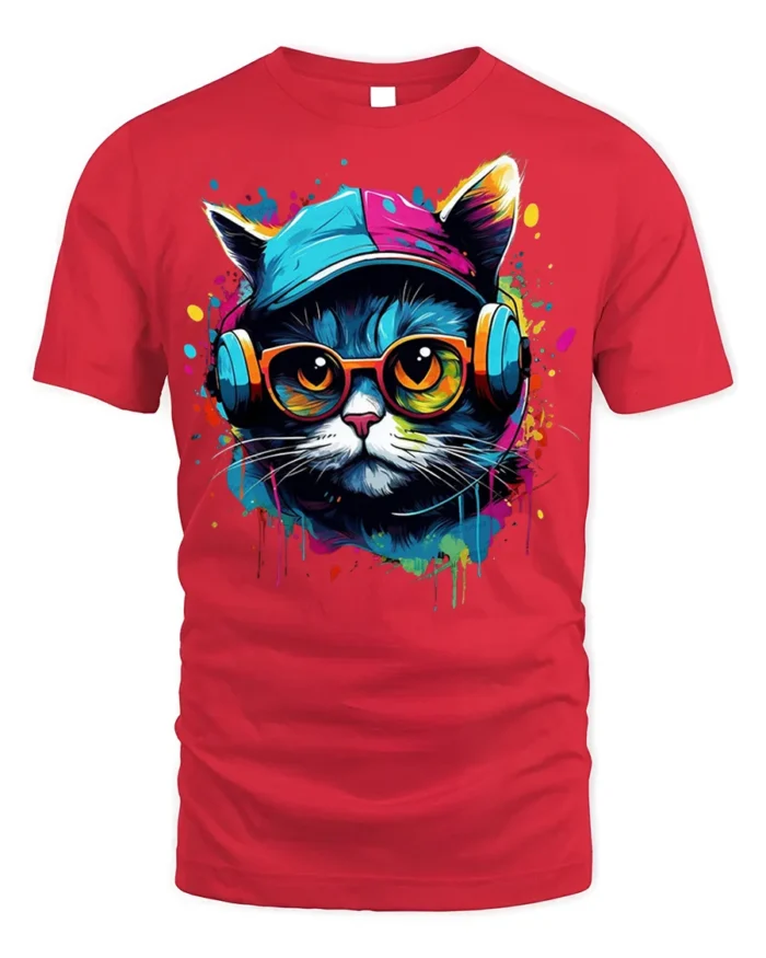 Cool Hip Hop Cat T-shirt with Headphones - red t-shirt on white background