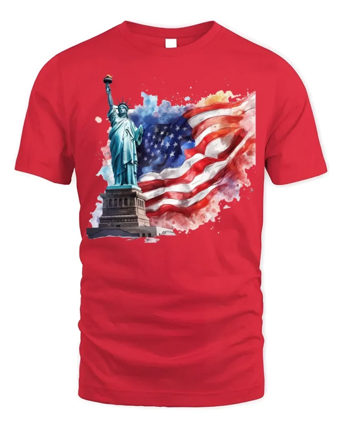 Statue of Liberty T-shirt with USA Flag Art - red t-shirt on white background
