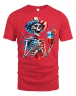 Patriotic Skeleton T-shirt with USA Drink Art - red t-shirt on white background