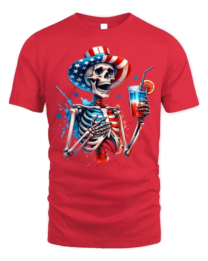 Patriotic Skeleton T-shirt with USA Drink Art - red t-shirt on white background