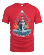 Navy Warship T-shirt with Ocean Battle Art - red t-shirt on white background