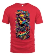 Colorful Street Art T-shirt with Urban Portrait - red t-shirt on white background