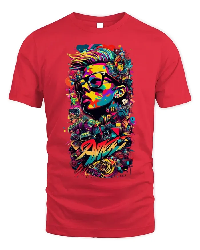 Colorful Street Art T-shirt with Urban Portrait - red t-shirt on white background