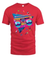 Retro Neon Boombox T-shirt with 80s Vibe Art - red t-shirt on white background