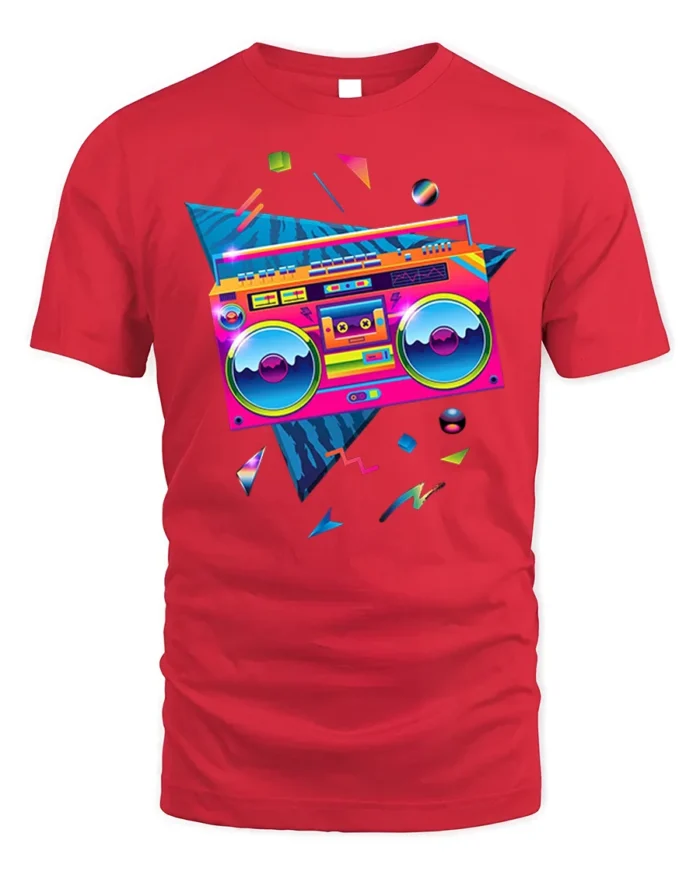 Retro Neon Boombox T-shirt with 80s Vibe Art - red t-shirt on white background