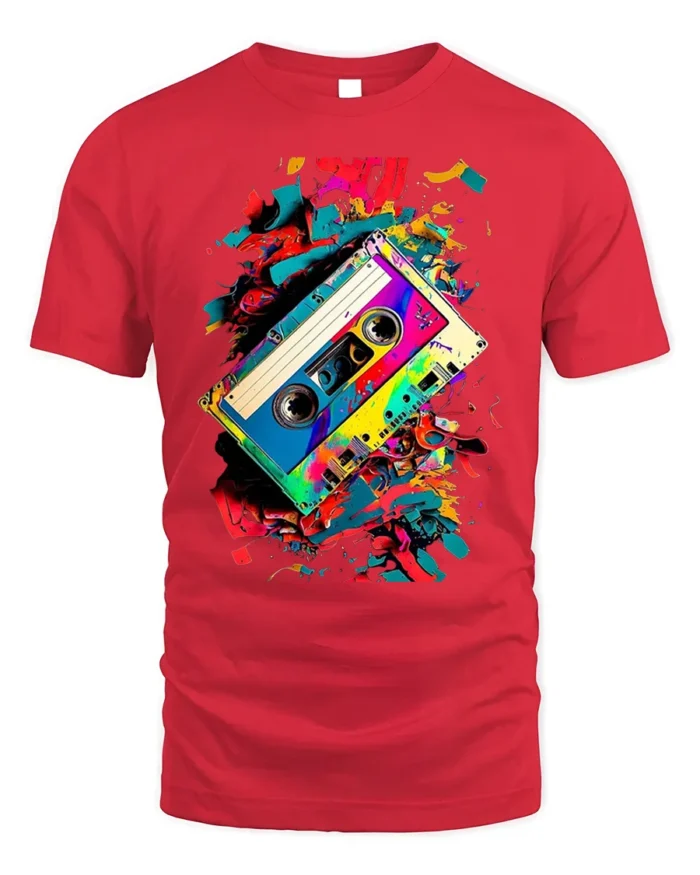 Retro Cassette Tape T-shirt with Color Splash Art - red t-shirt on white background