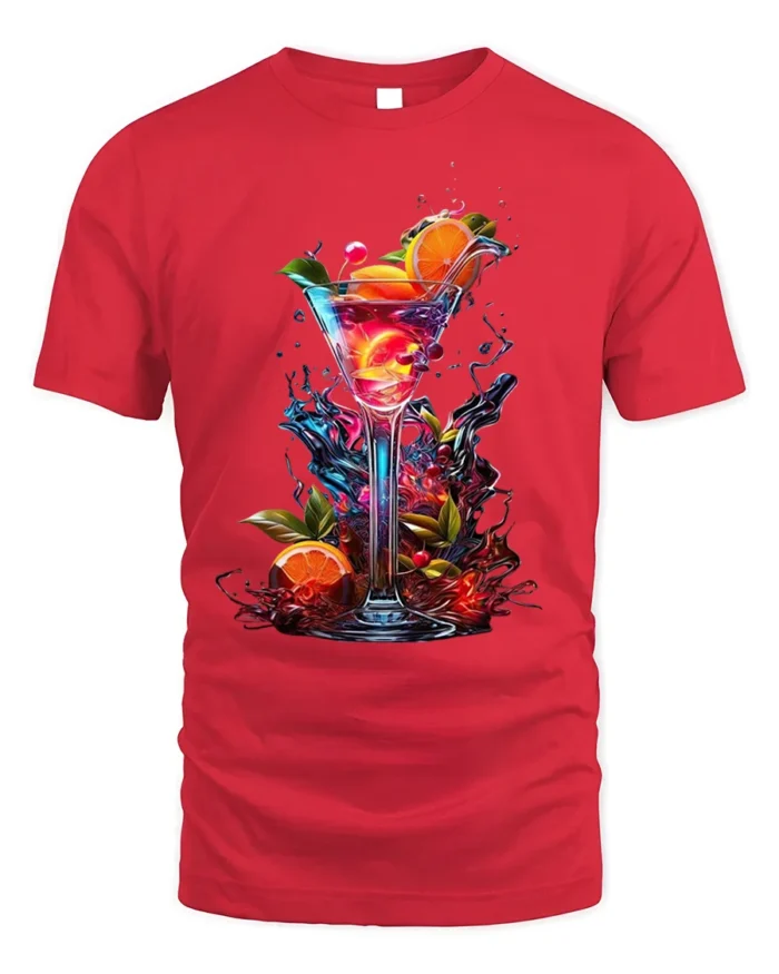 Vibrant Cocktail T-shirt with Tropical Drink Art - red t-shirt on white background
