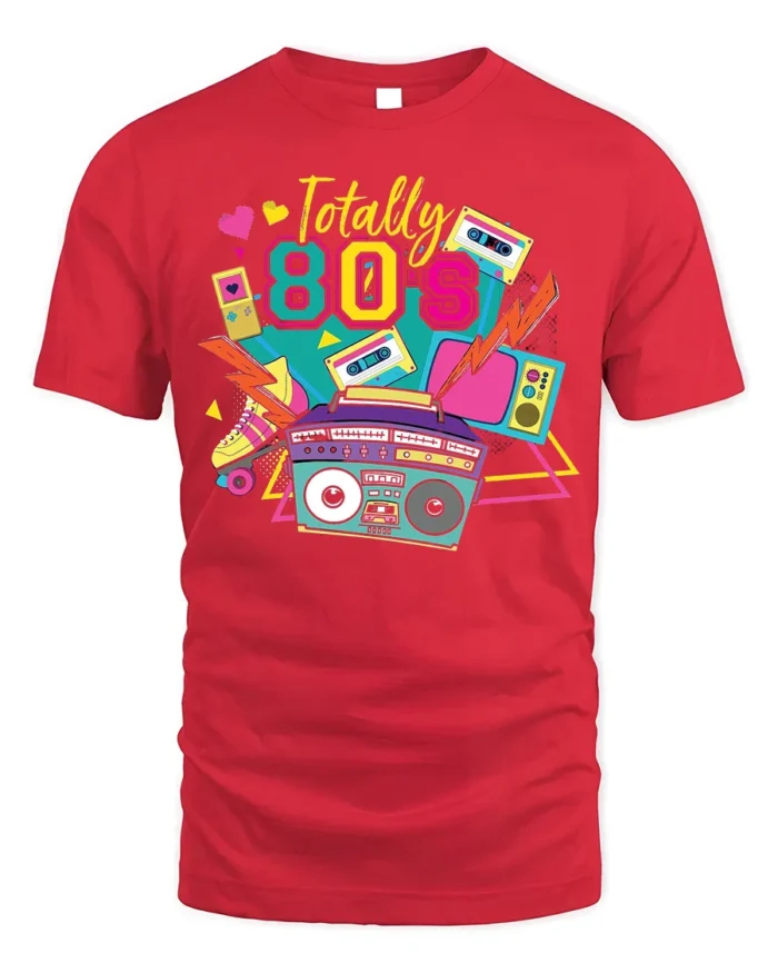 Totally 80s T-shirt with Retro Boombox Art - red t-shirt on white background