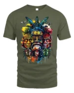 Tribal Mask T-shirt with Colorful Totem Art - military green t-shirt on white background