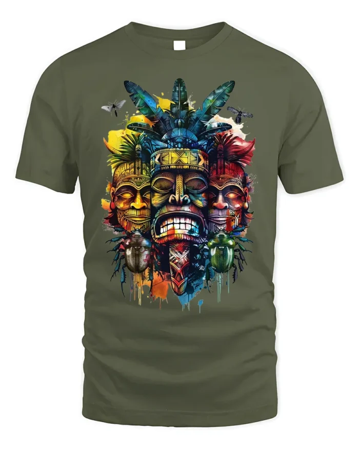 Tribal Mask T-shirt with Colorful Totem Art - military green t-shirt on white background