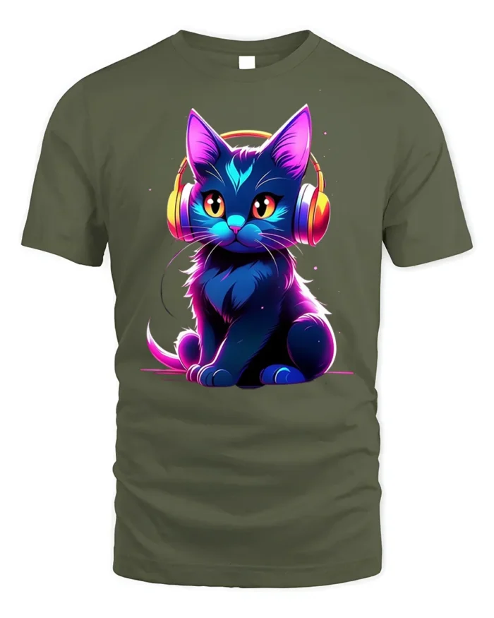 Neon Cat T-shirt with Headphones Graphic Art - military green t-shirt on white background