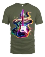 Neon Electric Guitar T-shirt with Vibe Swirl Art - military green t-shirt on white background