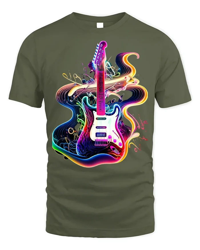Neon Electric Guitar T-shirt with Vibe Swirl Art - military green t-shirt on white background