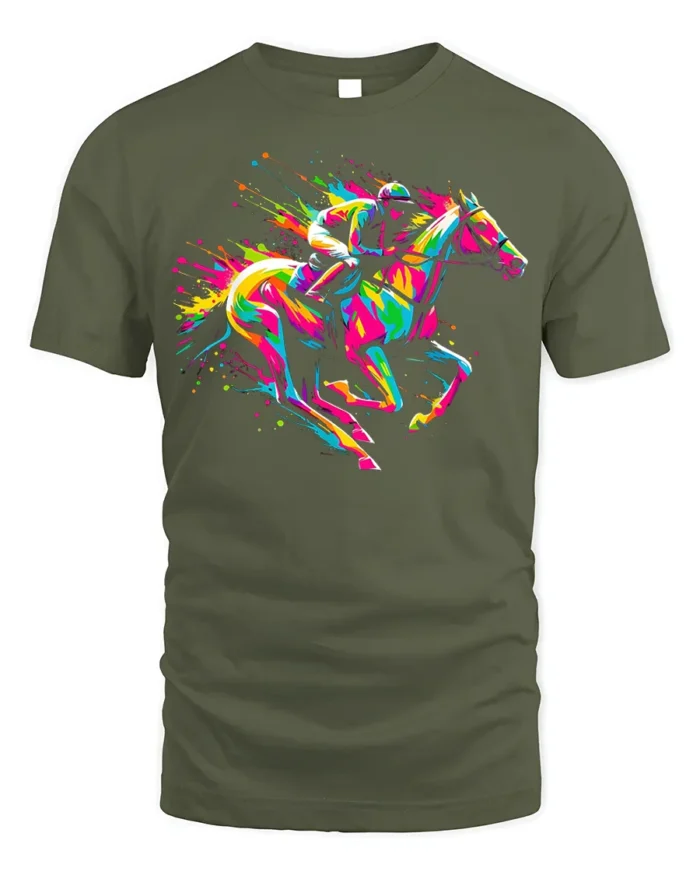 Colorful Horse Racing T-shirt with Neon Art - military green t-shirt on white background
