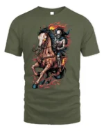 Flaming Skeleton Rider T-shirt with Dark Horse Art - military green t-shirt on white background