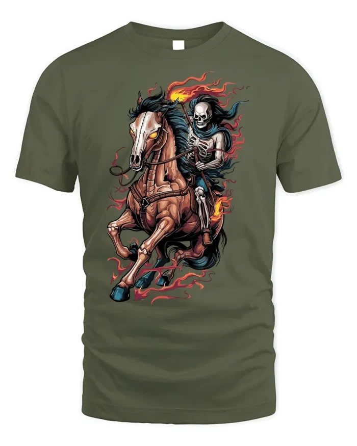 Flaming Skeleton Rider T-shirt with Dark Horse Art - military green t-shirt on white background