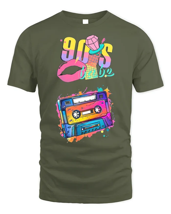 90s Cassette T-shirt with Retro Babe Vibe Art - military green t-shirt on white background