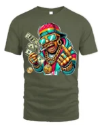 Cartoon Money Rapper T-shirt with Gold Bling Art - military green t-shirt on white background