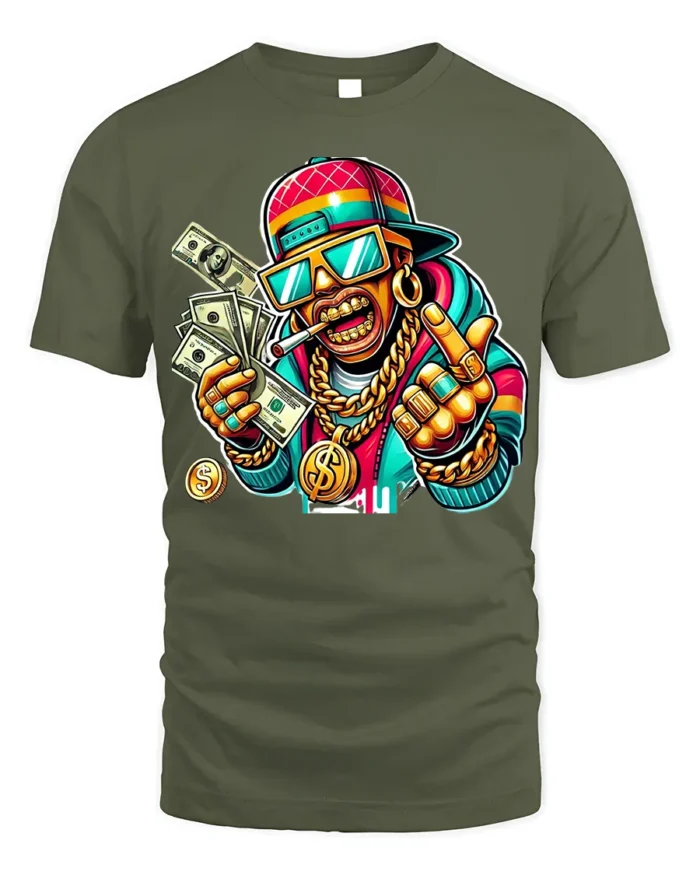 Cartoon Money Rapper T-shirt with Gold Bling Art - military green t-shirt on white background