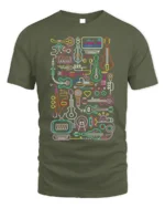 Neon Music Instrument T-shirt with Line Art Design - military green t-shirt on white background