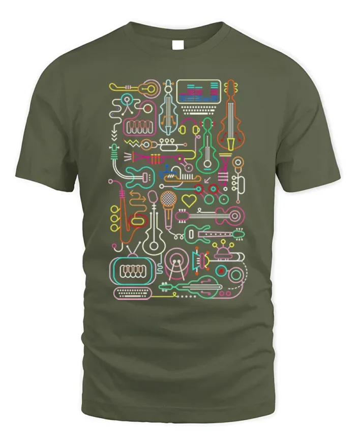 Neon Music Instrument T-shirt with Line Art Design - military green t-shirt on white background