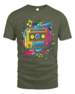 Colorful Cassette T-shirt with Music Note Splash - military green t-shirt on white background