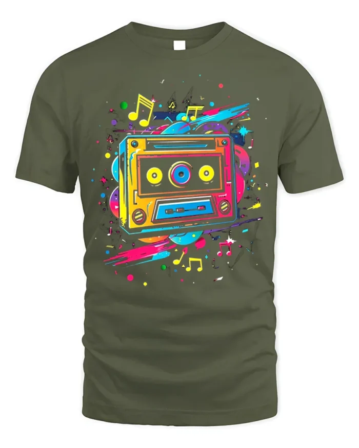 Colorful Cassette T-shirt with Music Note Splash - military green t-shirt on white background